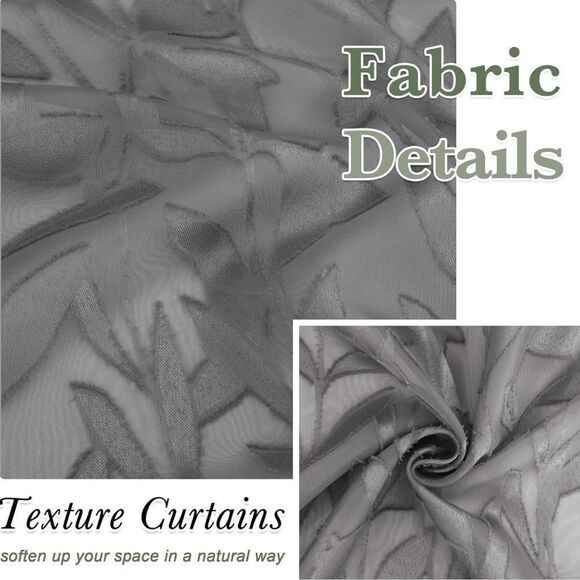 Charcoal Grey Textured Leaf Design Sheer Curtains, 2 Panels Jacquard Curtain - Picture 6 of 11